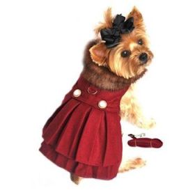 Wool Fur-Trimmed Dog Harness Coat - Burgundy (Size: Small)