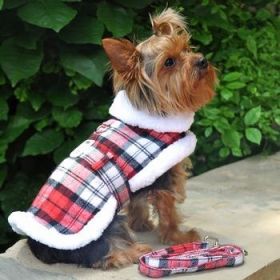 Sherpa-Lined Dog Harness Coat - Red & White Plaid (Size: Small)