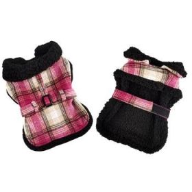 Sherpa-Lined Dog Harness Coat - Hot Pink & Tan Plaid (Size: Small)